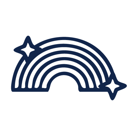 Simple dark blue outline of a rainbow with two stars on a light background.