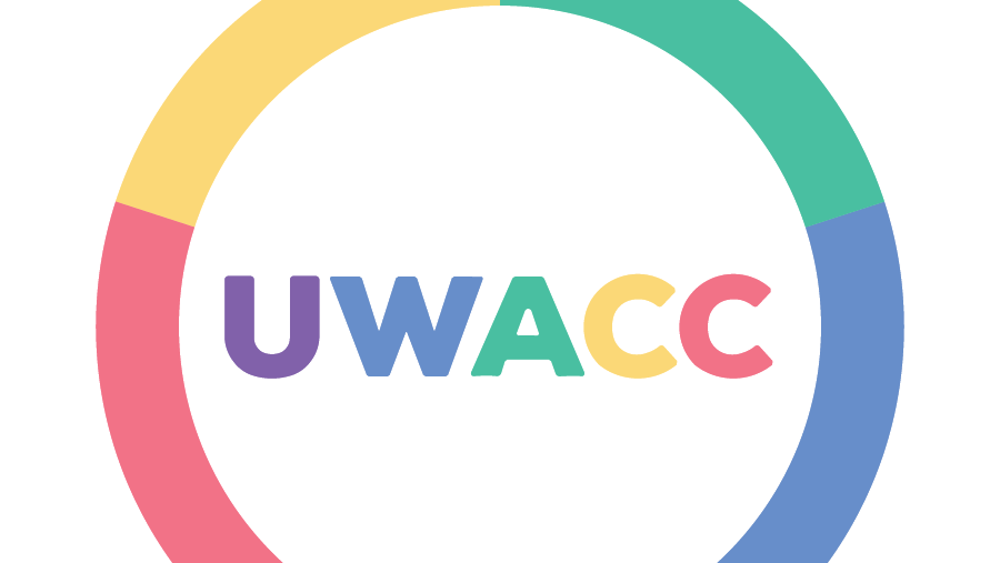 Text "UWACC" in colorful letters inside a segmented, multicolored circular ring on a white background, representing the UW A Cappella Club’s End of Term Concert for Fall 2025.
