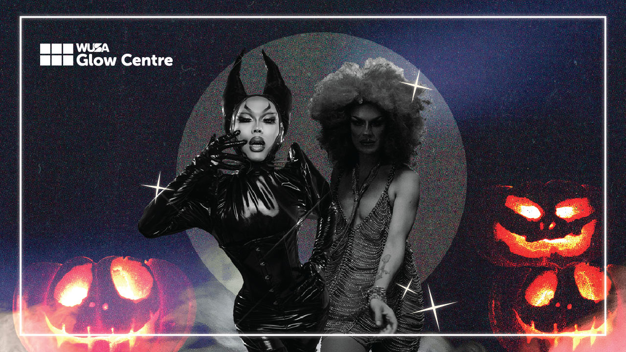 Two drag performers in Halloween costumes light up Fruity Fright Night, surrounded by glowing jack-o’-lanterns and a full moon—an event perfect for all ages.