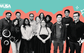 A group of thirteen people pose together on campus in front of a colorful background with the WUSA logo in the corner, highlighting their connection to student services.