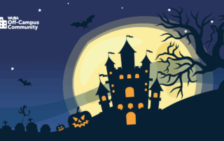 Spooky haunted castle at night, known as the Ward of Nightmares, with bats, jack-o'-lantern, gravestones, and a full moon in the background.