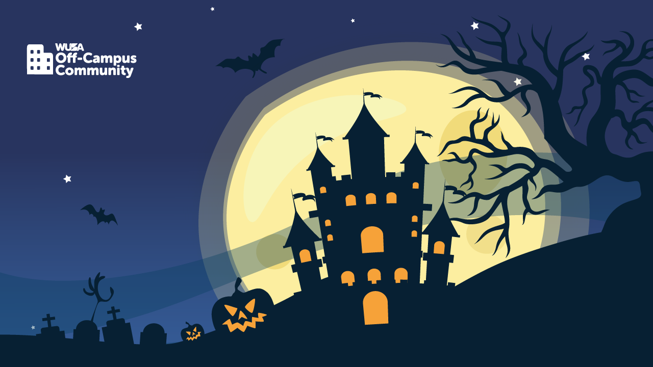 Spooky haunted castle at night, known as the Ward of Nightmares, with bats, jack-o'-lantern, gravestones, and a full moon in the background.