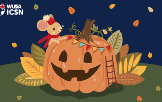 A mouse in a red hat sits on a giant carved pumpkin, surrounded by autumn leaves and a ladder, ready for Halloween.