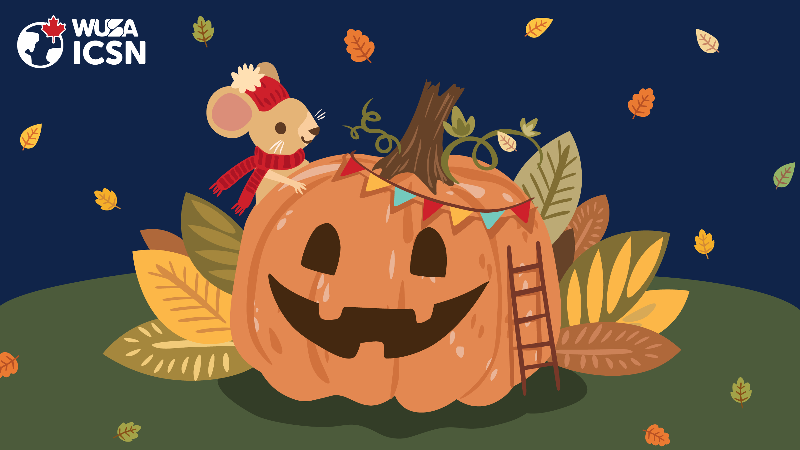 A mouse in a red hat sits on a giant carved pumpkin, surrounded by autumn leaves and a ladder, ready for Halloween.