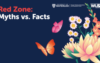 Text reads "Red Zone: Myths vs. Facts," butterfly and flower illustrations on a dark blue background.