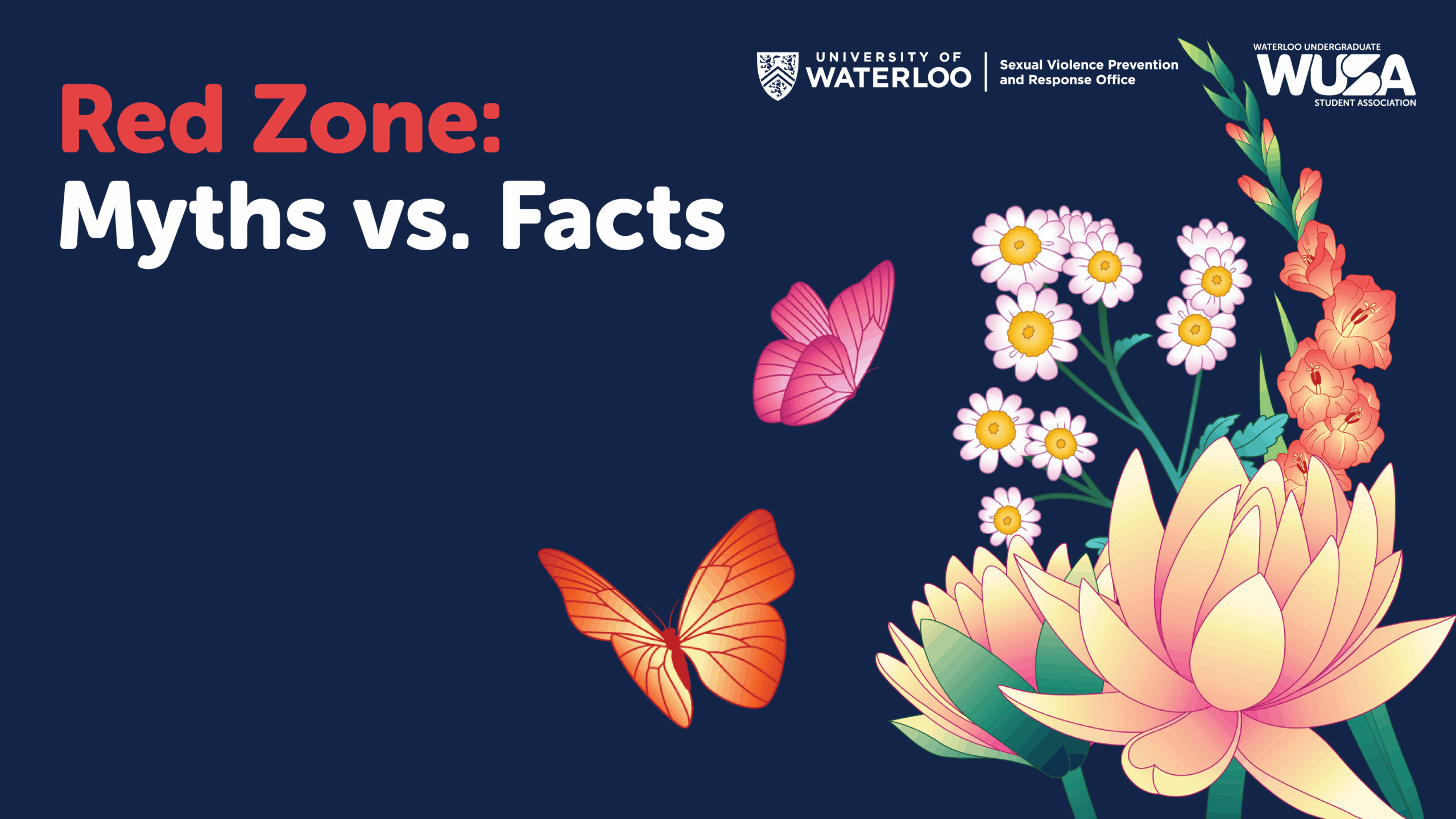 Text reads "Red Zone: Myths vs. Facts," butterfly and flower illustrations on a dark blue background.