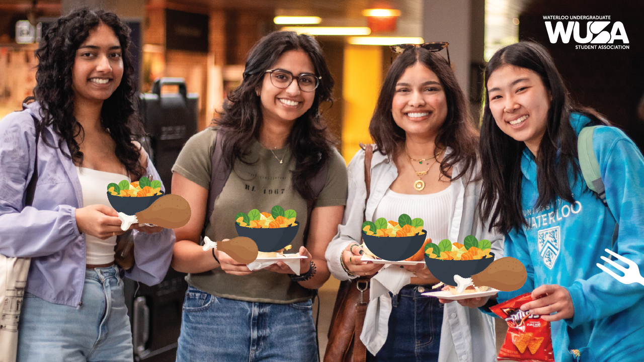 Four smiling students holding illustrated bowls of salad at a satellite campus luncheon, WUSA logo visible in the corner.