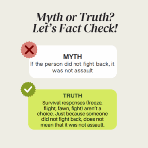 A myths and facts graphic about assault, explaining that not fighting back does not mean it wasn’t assault.