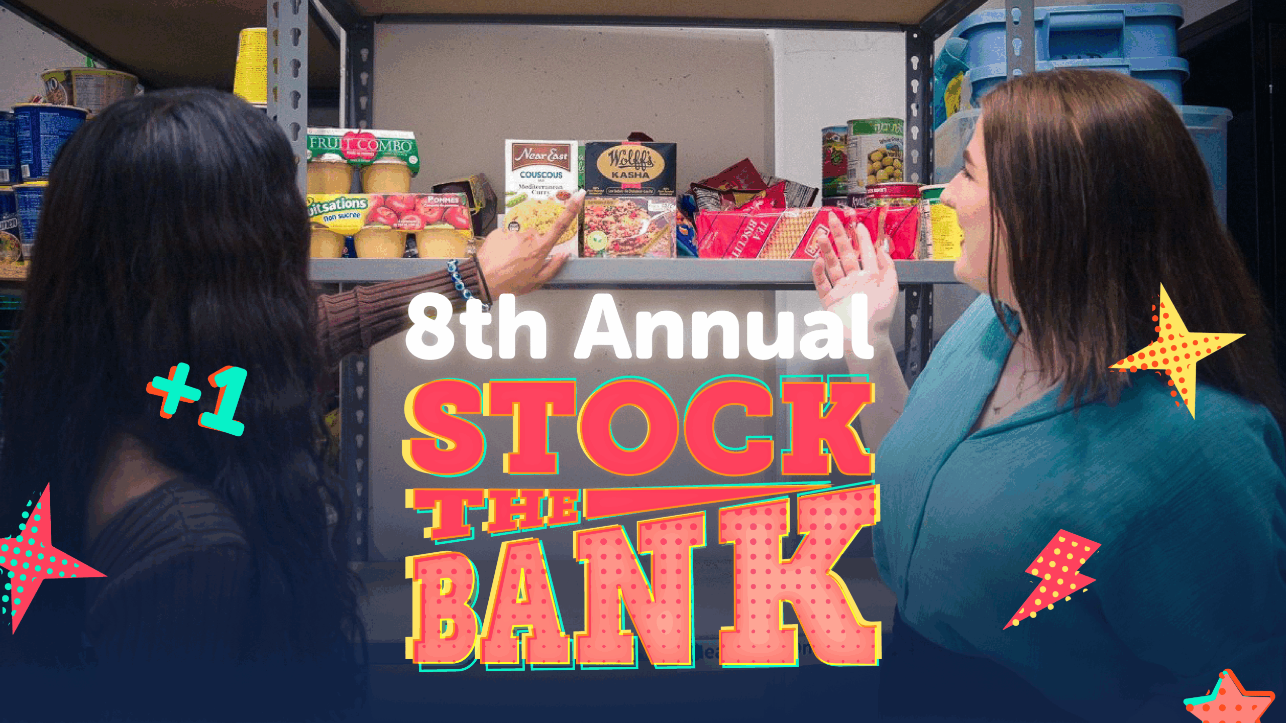 Two women stock shelves with food for the 8th Annual Stock the Bank event, surrounded by colorful Stock the Bank graphics.