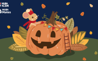 A mouse in a scarf decorates a large pumpkin jack-o'-lantern with a banner as autumn leaves fall around them, capturing the cozy spirit of Halloween.