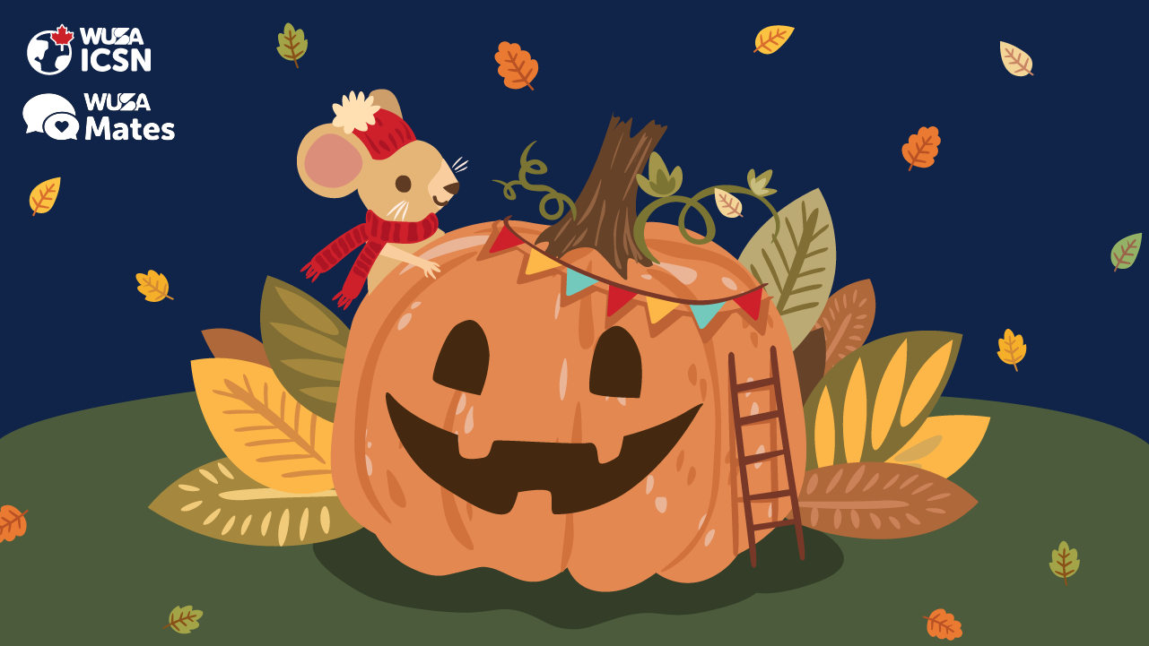A mouse in a scarf decorates a large pumpkin jack-o'-lantern with a banner as autumn leaves fall around them, capturing the cozy spirit of Halloween.
