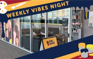 Glass-walled room with mural, bookshelves, and "Weekly Vibes Night" banner with paint-themed graphics.
