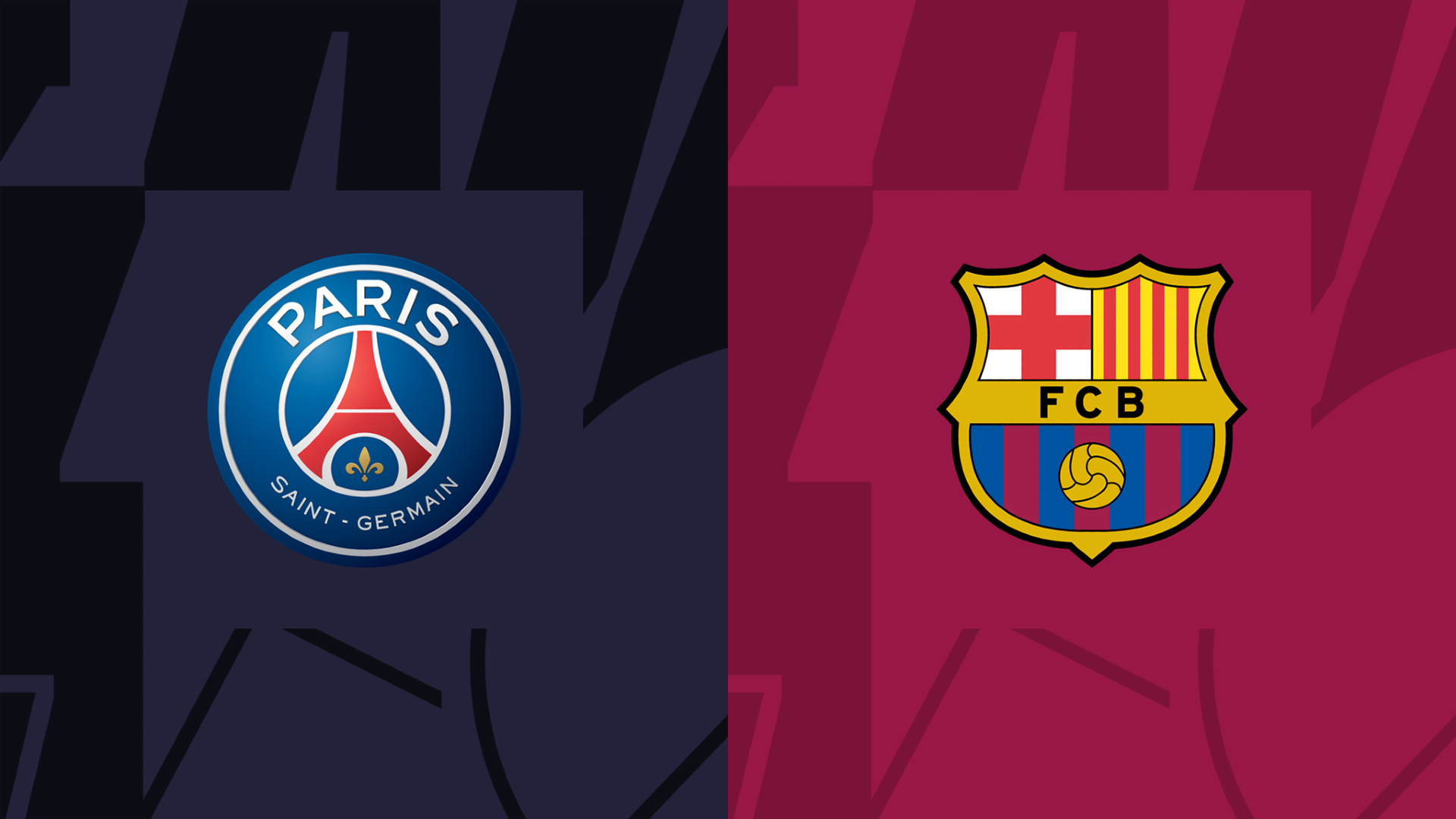 PSG and FC Barcelona football club logos on a split dark blue and maroon background, perfect for your Barca vs PSG Watch Party.
