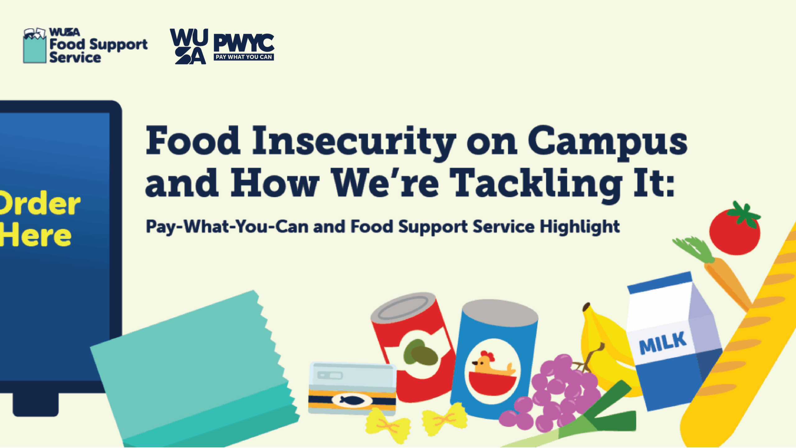 3840-2160-max Graphic showing "Food Insecurity on Campus" with images of food items, milk, and a blue "Order Here" sign, highlighting a pay-what-you-can food support service for students in need.