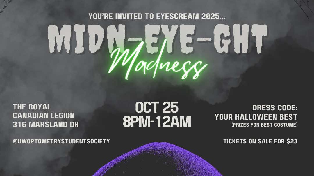 Event poster for UWOSS "Midn-Eye-Ght Madness" party, featuring a glowing purple skull, Halloween decorations, and Eyescream treats.
