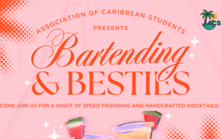 Two hands clink colorful mocktail glasses against a pink background, celebrating friendship and fun at a Bartending & Besties event.