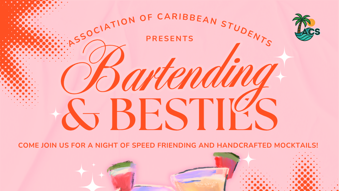 Two hands clink colorful mocktail glasses against a pink background, celebrating friendship and fun at a Bartending & Besties event.