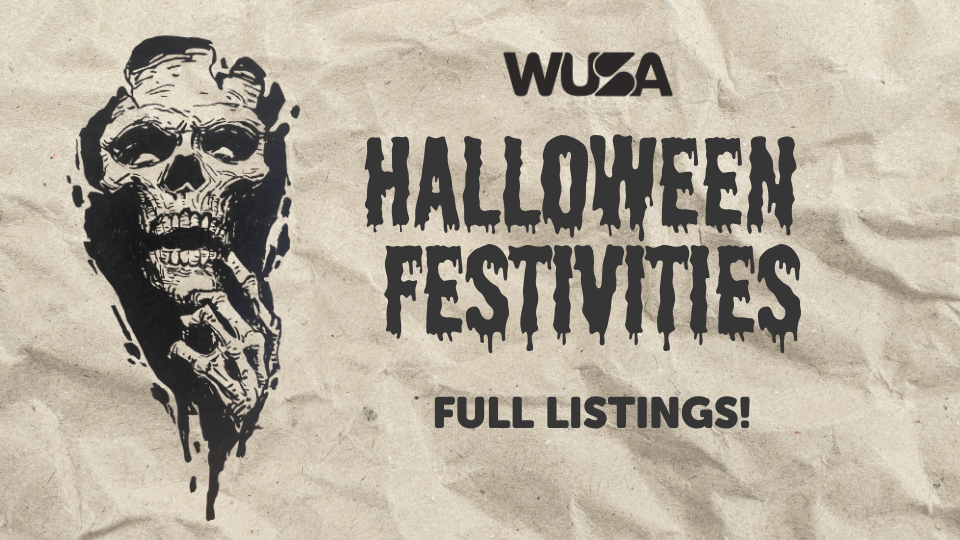 A creepy skull and text: "WUSA Halloween Haunt Festivities Full Listings!" on a crumpled paper background.