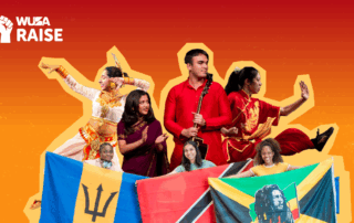 Five people in cultural outfits and three with Caribbean flags stand on an orange background featuring the “WUSA Raise” logo, celebrating the spirit of the Raise Cultural Caravan.