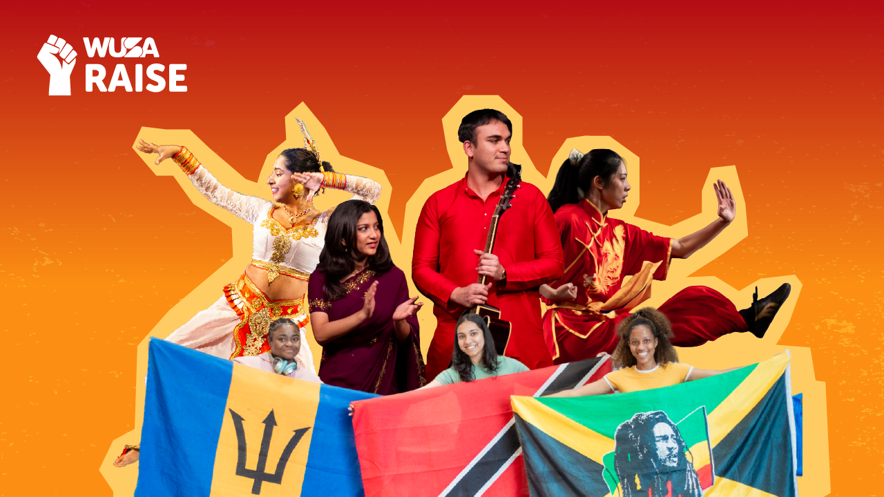 Five people in cultural outfits and three with Caribbean flags stand on an orange background featuring the “WUSA Raise” logo, celebrating the spirit of the Raise Cultural Caravan.