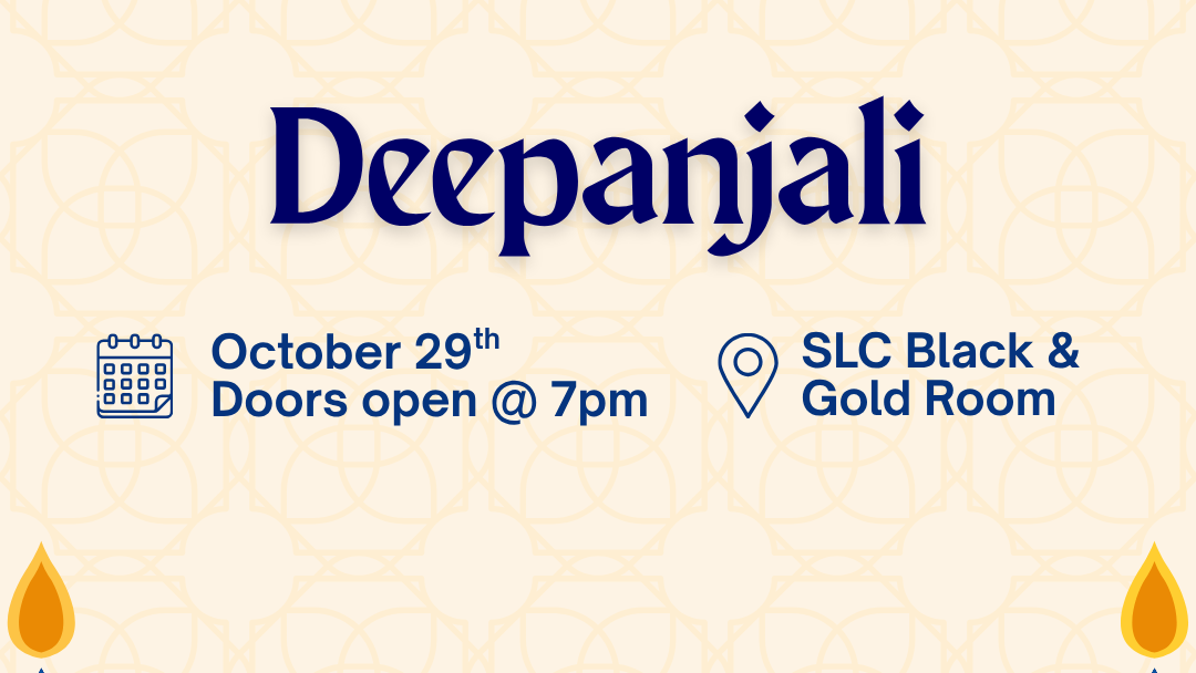 Deepanjali Event poster for "Deepanjali" by Hindu YUVA on October 29, 7pm, at SLC Black & Gold Room. Features decorative designs.