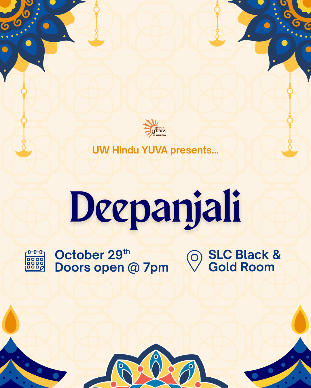 Deepanjali Event poster for "Deepanjali" by Hindu YUVA on October 29, 7pm, at SLC Black & Gold Room. Features decorative designs.