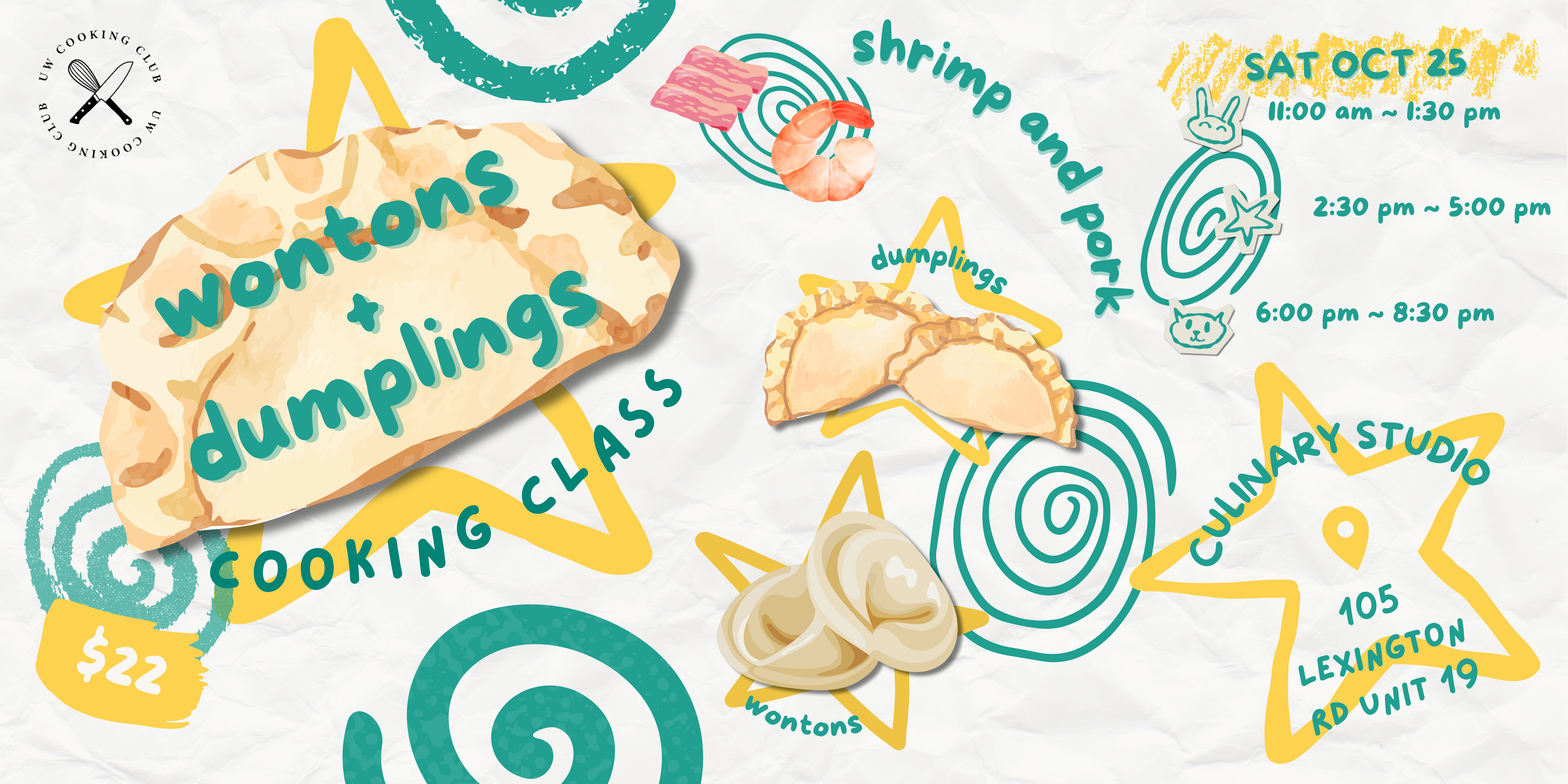 Colorful flyer for a Wontons and Dumplings cooking class, featuring illustrated dumplings along with class times and location.