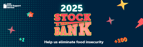 Colorful "2025 Stock the Bank" banner encouraging support to eliminate food insecurity, with stars and numbers.
