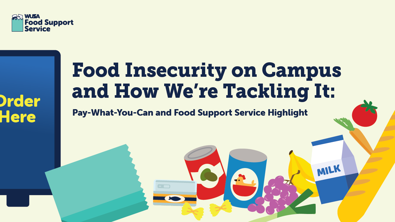 Food Support Service banner showcasing food items, a carton of milk, and "Order Here" on a screen—offering a pay-what-you-can option for those facing food insecurity.