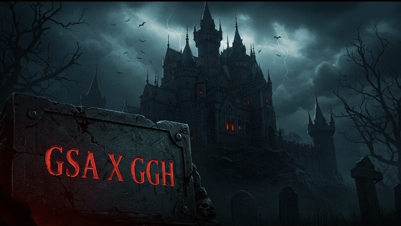 A dark, gothic castle with red-lit windows and a stone sign reading "GSA X GGH" rises in a spooky graveyard, evoking the mysterious aura of Bhool Bhulaiyaa.