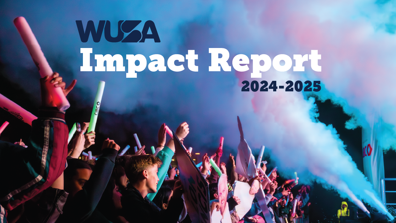 A crowd of people at a concert with light sticks, signs, and smoke with the title WUSA Impact Report 2024-25.