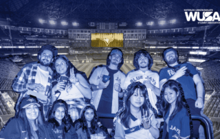 A group of students in Blue Jays gear pose at a baseball stadium, celebrating their team’s World Series spirit; WUSA logo appears in the top right.