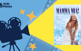 Movie poster of "Mamma Mia!" with a smiling bride and a film camera graphic on a yellow and blue background—perfect for your next Movie Night.