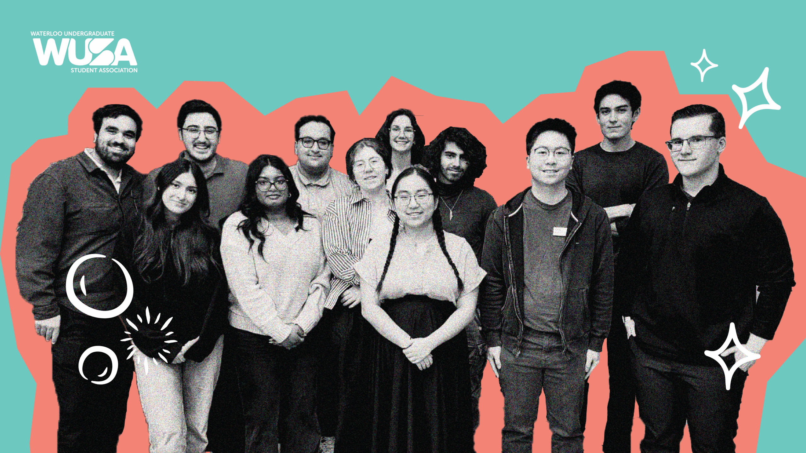 A group of thirteen people from Student Services pose together and smile in front of a colorful illustrated backdrop.