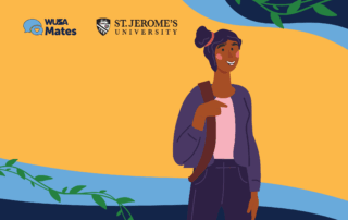 Illustration of a smiling student with a backpack, WUSA Mates and St. Jerome’s University logos above, highlighting their Certificate Course in Mental Health First Aid.