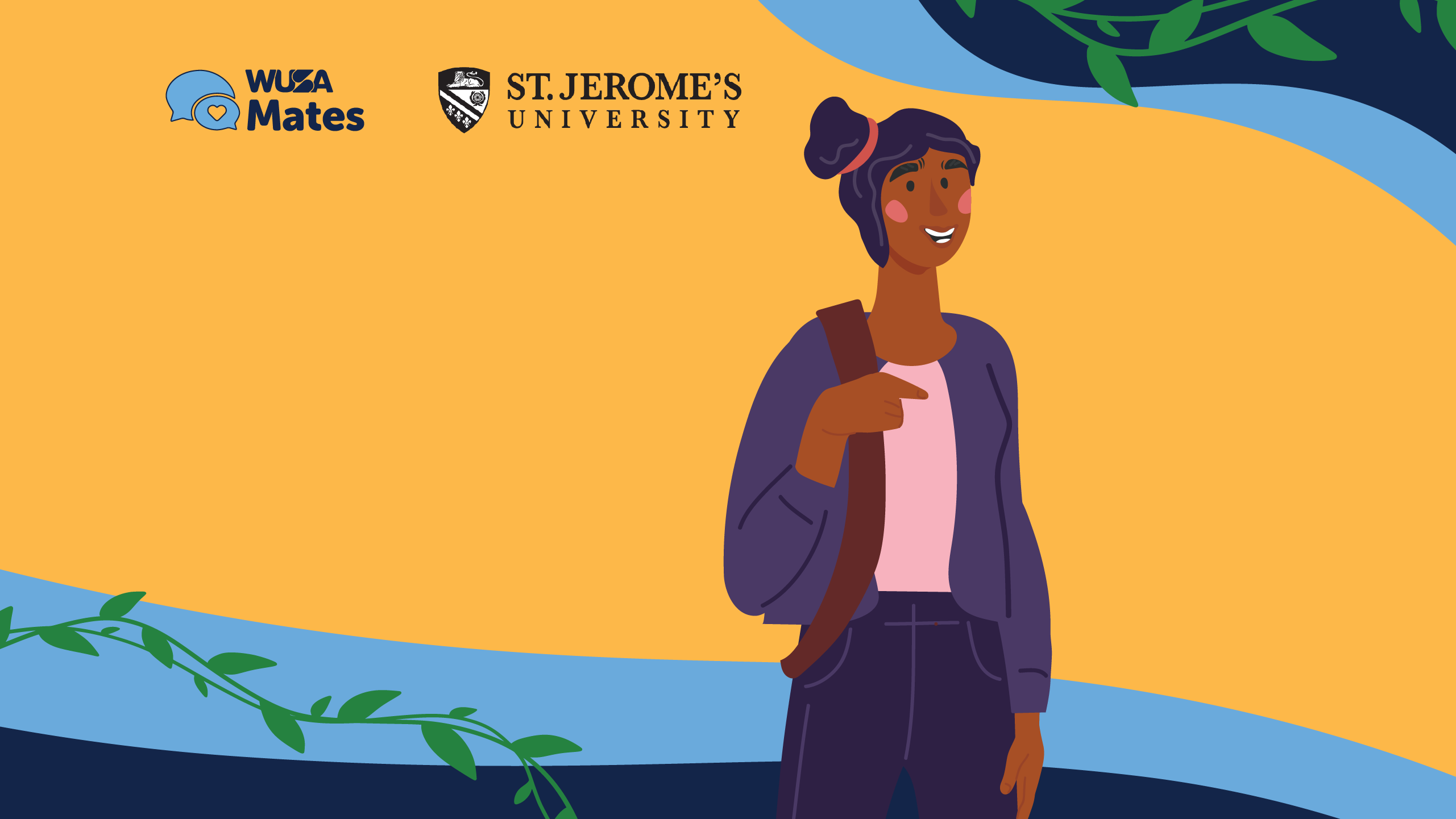 MentalHealthFirstAidTraining_Web Illustration of a smiling student with a backpack, WUSA Mates and St. Jerome’s University logos above, highlighting their Certificate Course in Mental Health First Aid.