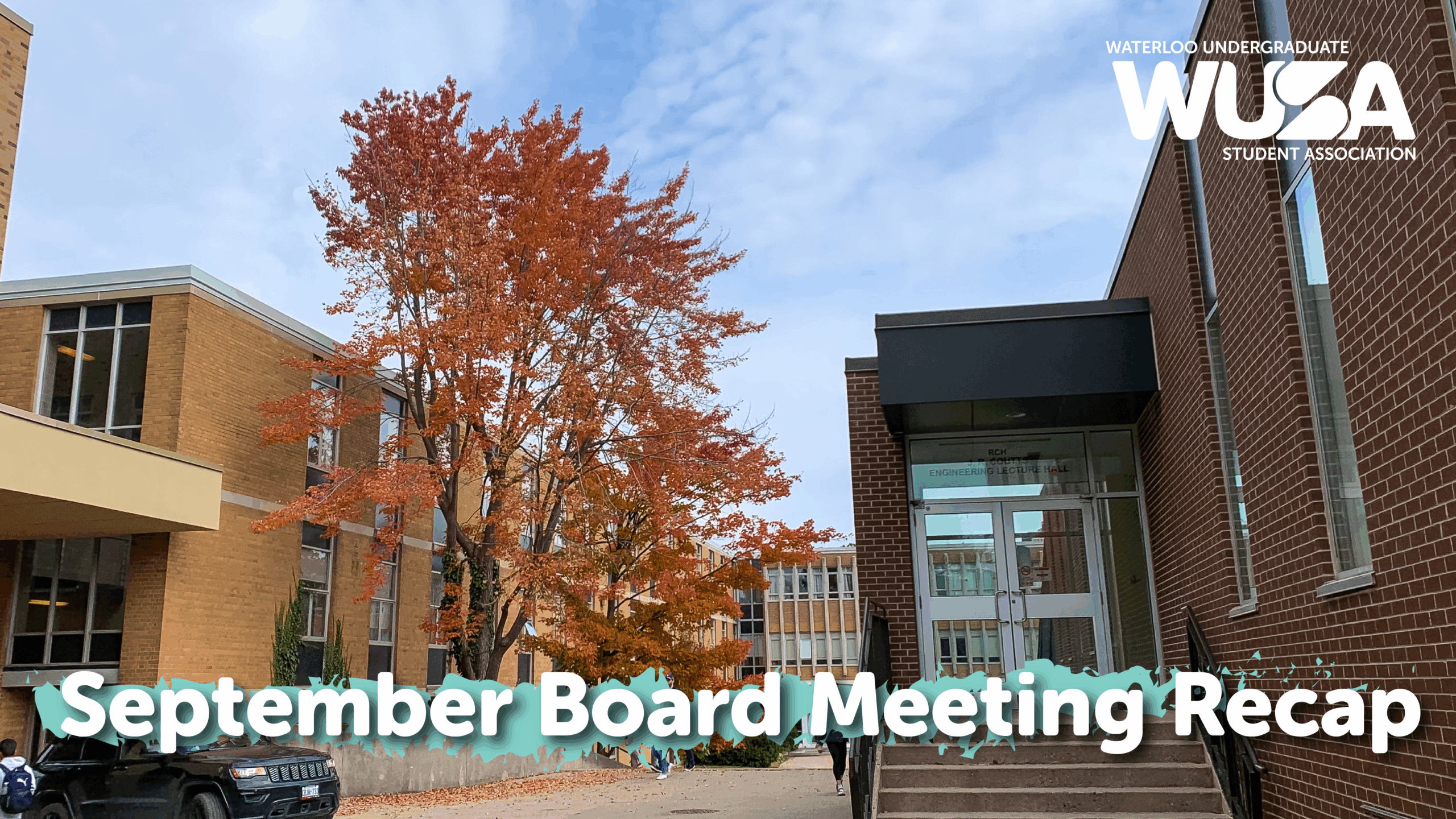 A campus building framed by autumn trees, with "September Board Meeting Recap" overlaid, highlights key moments from the latest board meeting.