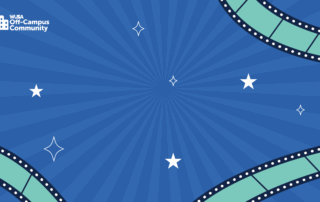 Blue background with film strips, white stars, and "WUSA Off-Campus Community" logo in the top left corner—perfect for a cozy movie night with friends and your favorite snacks.
