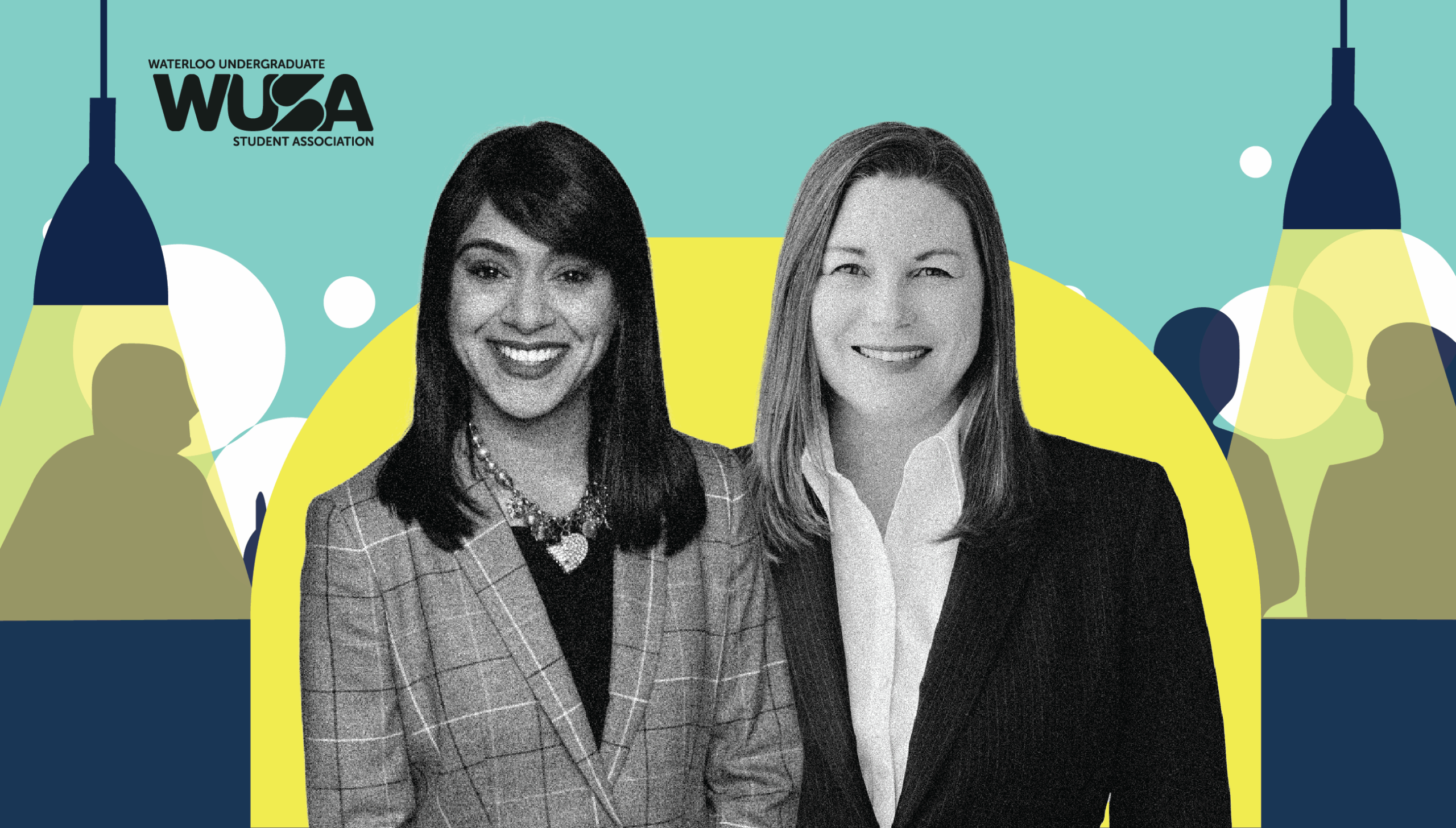 Two women in business attire smiling, with the WUSA logo and a stylized Politics Without the Podium background behind them.