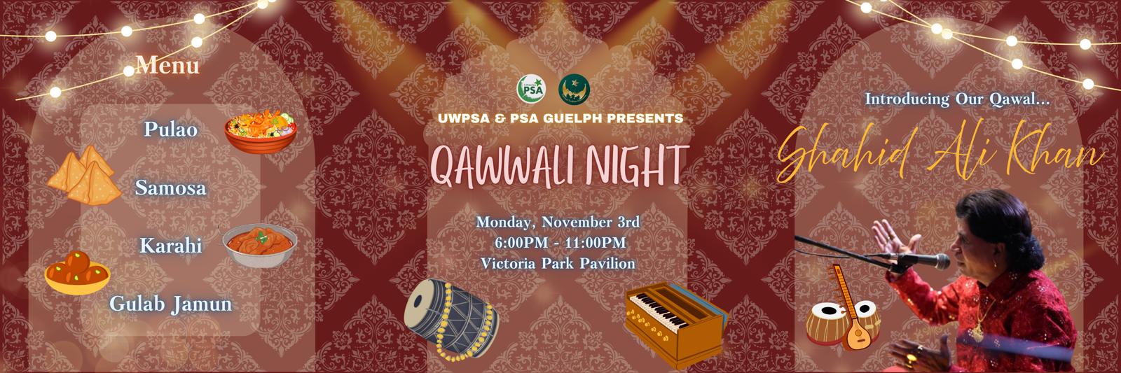 Banner for Qawwali Night featuring a food menu, traditional musical instruments, and singer Ghazal Ali Khan performing live on stage.