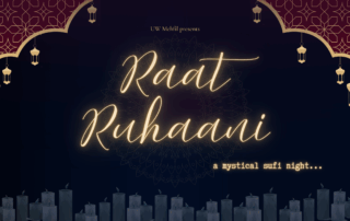 Event poster featuring "Raat Ruhaani" in glowing script, candles flickering below, lanterns above, and intricate decorative patterns for an enchanting Raat Ruhaani night.