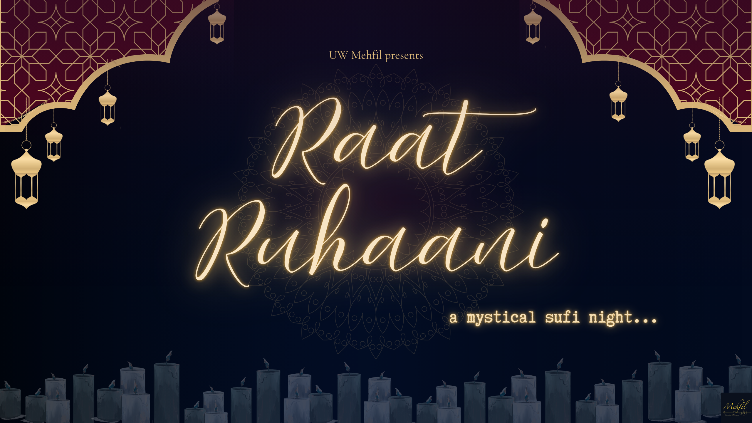 Event poster featuring "Raat Ruhaani" in glowing script, candles flickering below, lanterns above, and intricate decorative patterns for an enchanting Raat Ruhaani night.