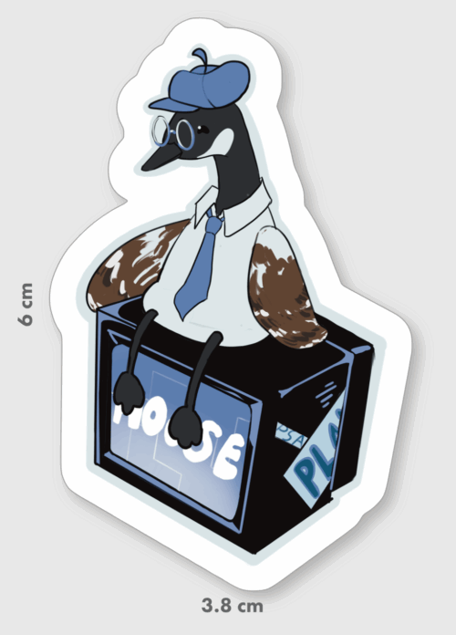 A goose wearing glasses, a tie, and a cap sits on a PlayStation console, featuring Student Planner Stickers for extra fun; dimensions shown.
