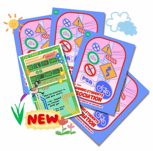 Planning Student Association Trading Cards feature colorful road signs and a cartoon train ticket, accented with playful doodles—ideal for organizing student events or handing out as vibrant trading cards at your next gathering.