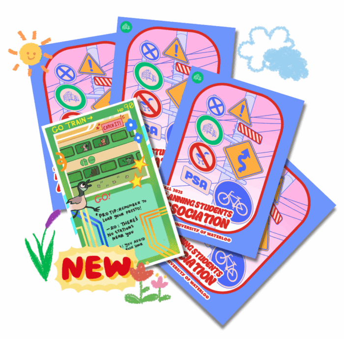 Planning Student Association Trading Cards feature colorful road signs and a cartoon train ticket, accented with playful doodles—ideal for organizing student events or handing out as vibrant trading cards at your next gathering.