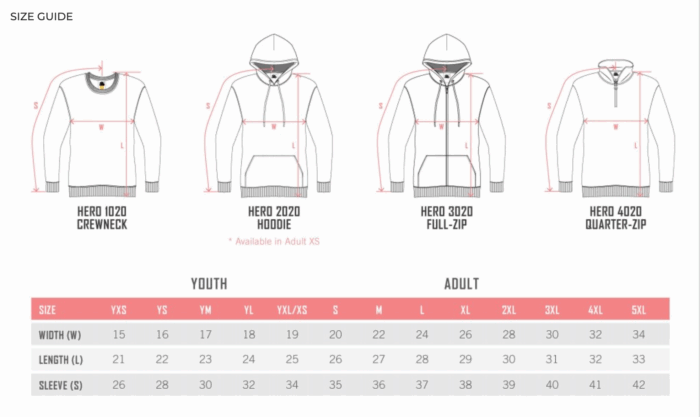 Size guide with diagrams and measurements for the Navy "PLAN IT" Quarter Zip top, available in both youth and adult sizes.