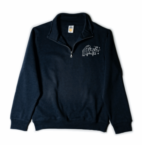 Navy "PLAN IT" Quarter Zip featuring a white "PLAN IT" graphic and text on the left chest.