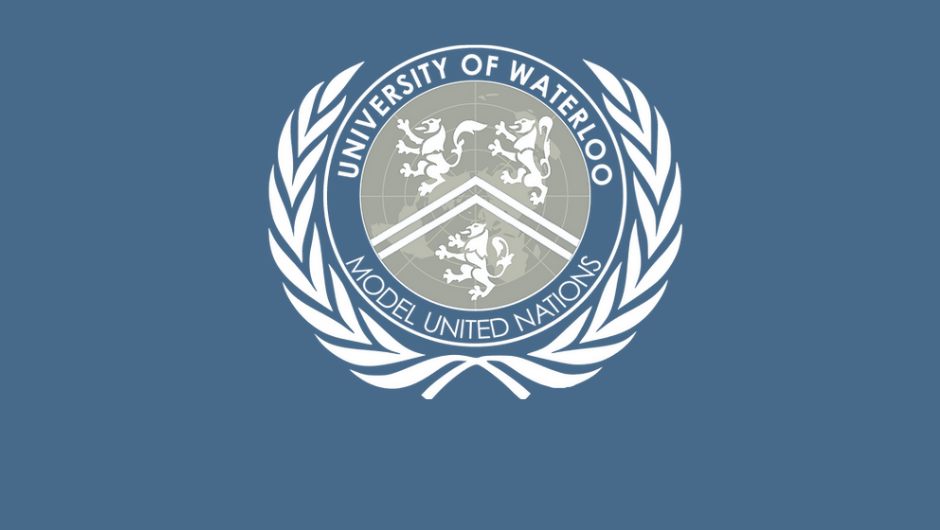 White University of Waterloo Model UN logo with laurel wreaths on a blue background, highlighting the upcoming November Conference.