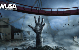 A zombie hand rises from the ground at night beneath a roller coaster and full moon, setting the perfect scene for Halloween Haunt, with the WUSA logo in the corner.