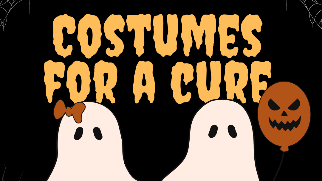 original-6D4DD635-BDFE-4C3F-BF02-96CDED6AFFAE Two people dressed as ghosts, holding a pumpkin balloon. Text: "Costume for a Cure. $2 entry. Submit by Nov 3.
